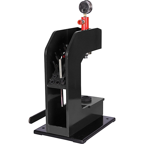 Schwarze Werkzeugpresse mit Manometer, rotem Ventil und Basis. Auf einer schwarzen Grundplatte montiert.